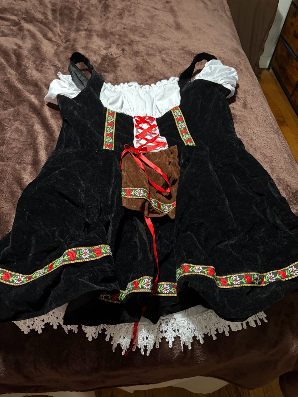 Black Bavarian Dirndl Costume with White Bodice and Red Ribbon